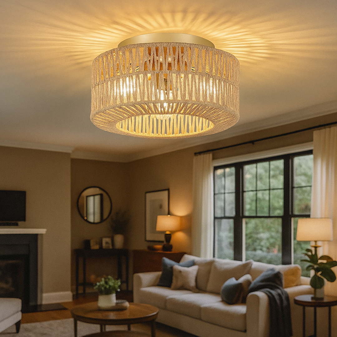 Boho Lampa Sufitowa Z Rattanu | Gniazdo E27