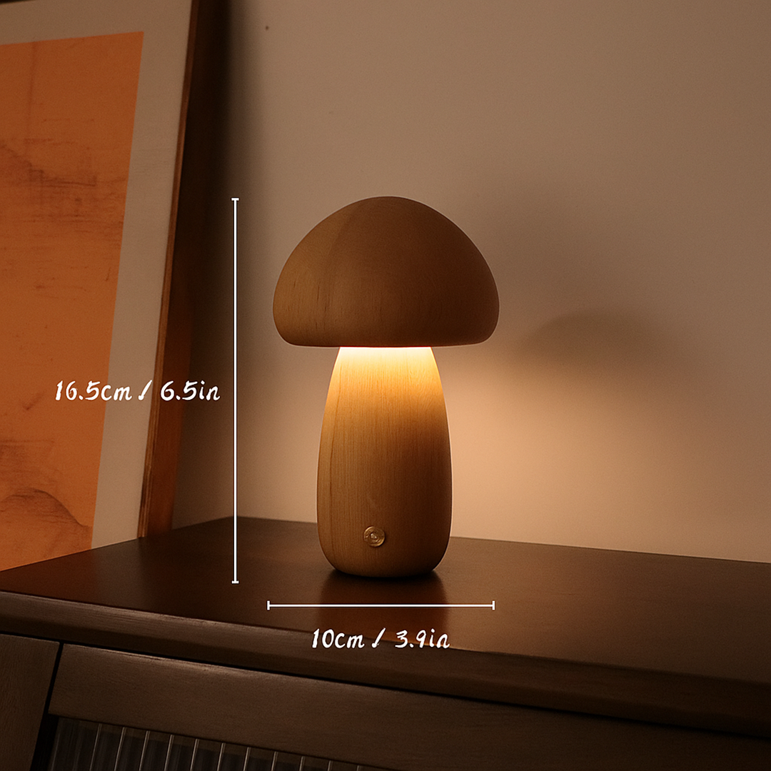Bezprzewodowa Drewniana Lampa Stołowa | Kształt Grzyba