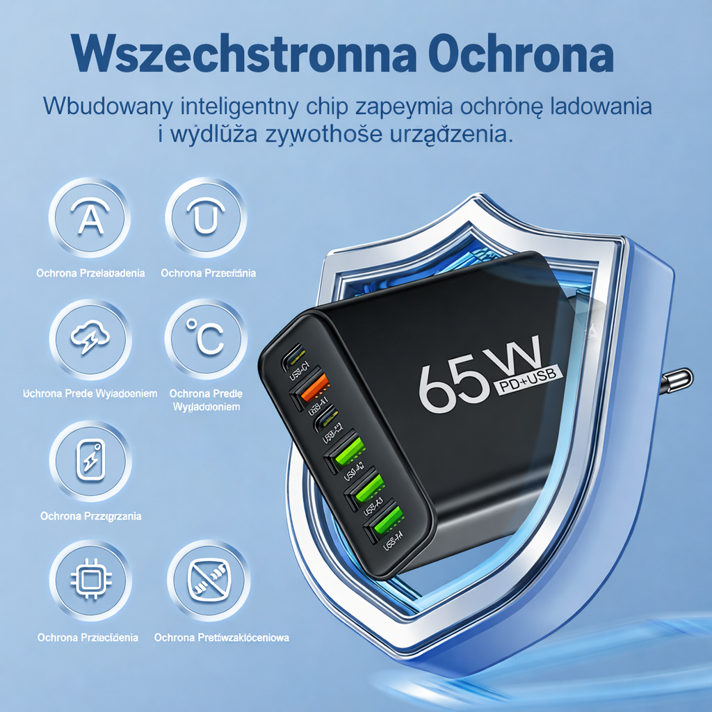 USB Wall Charger 65W Multi-Port Six Ports