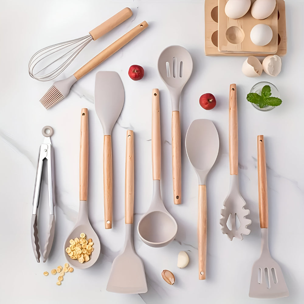 Complete Set of Kitchen Utensils Full Set Flexible Handles Wooden