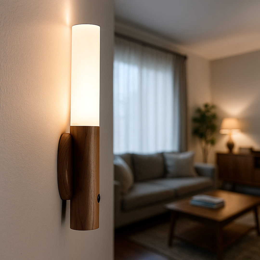 Szklana Lampa Ścienna Z Czujnikiem Ruchu | Drewno