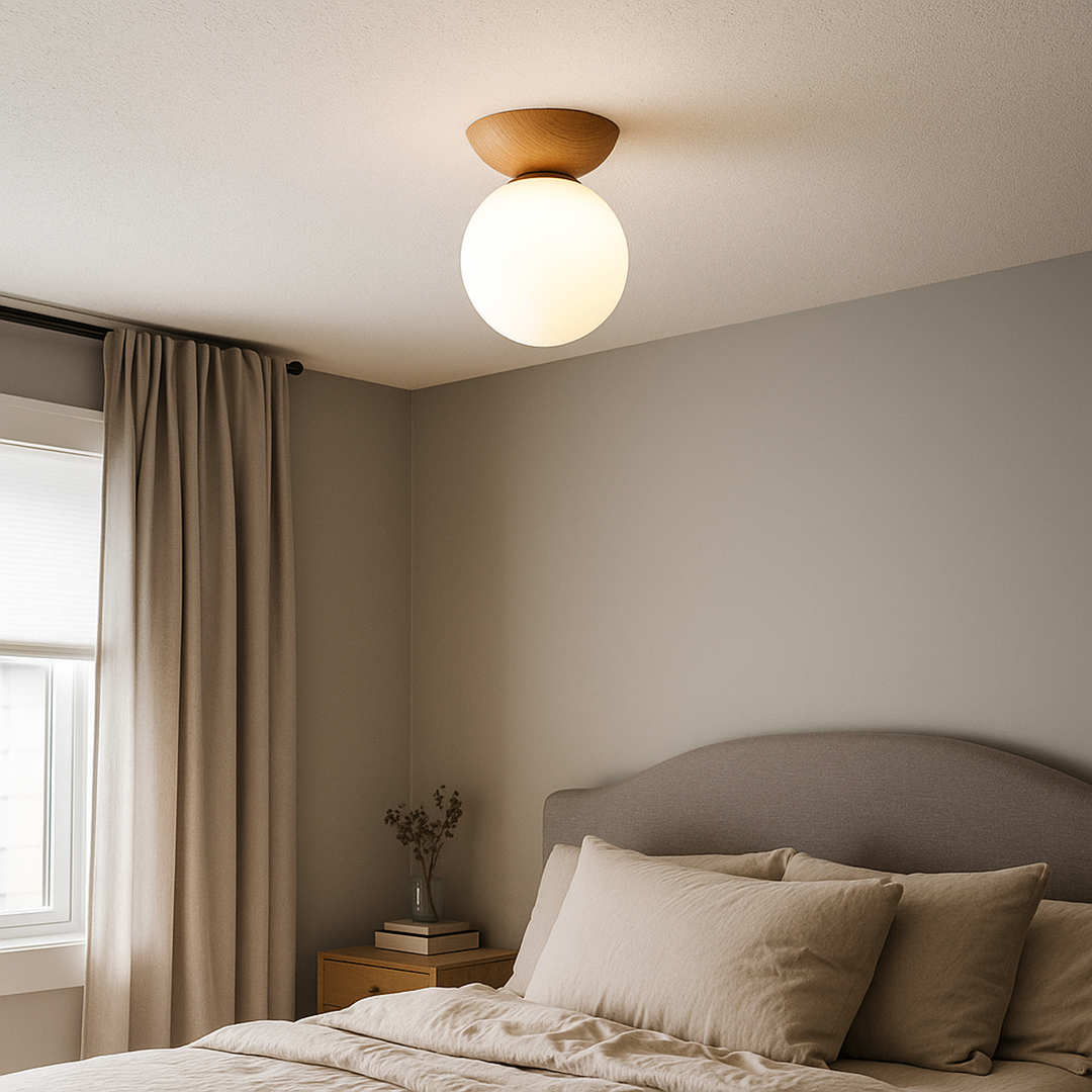 Szklana Kula Lampa Sufitowa Z Drewnem I Żelazem | Skandynawska