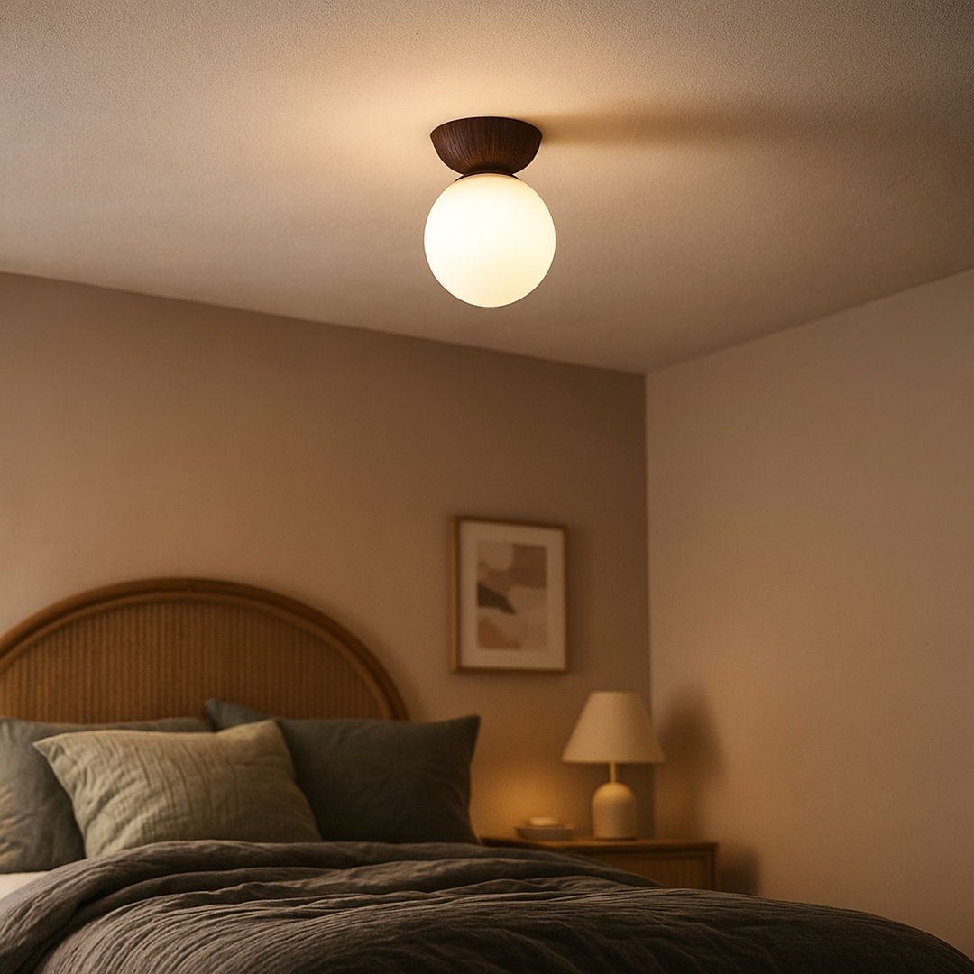 Szklana Kula Lampa Sufitowa Z Drewnem I Żelazem | Skandynawska