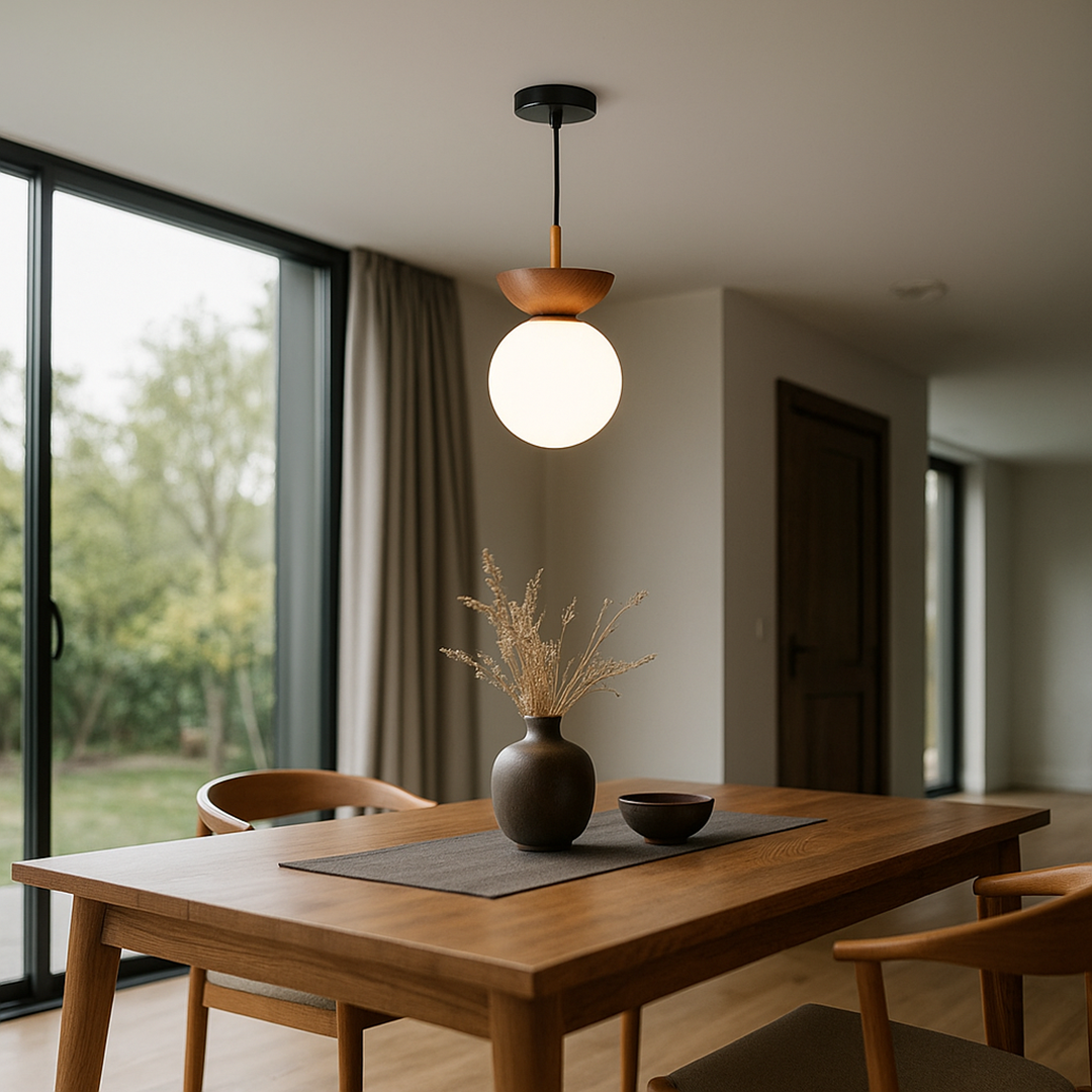 Szklana Kula Lampa Sufitowa Z Drewnem I Żelazem | Skandynawska