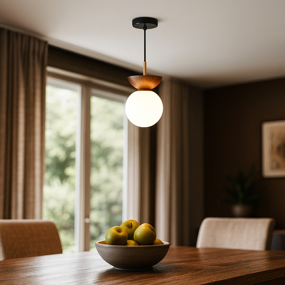 Szklana Kula Lampa Sufitowa Z Drewnem I Żelazem | Skandynawska