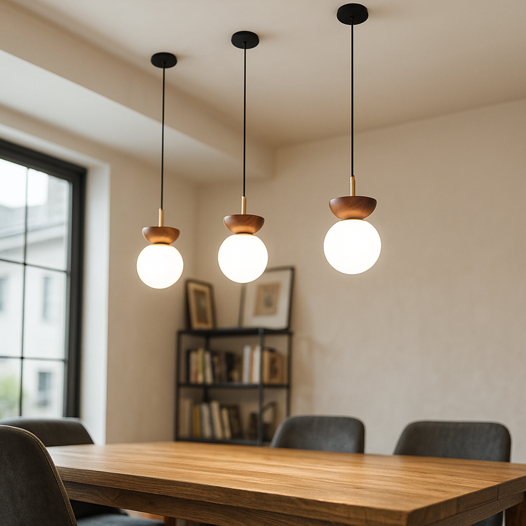 Szklana Kula Lampa Sufitowa Z Drewnem I Żelazem | Skandynawska