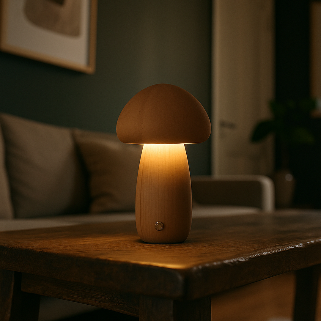 Bezprzewodowa Drewniana Lampa Stołowa | Kształt Grzyba