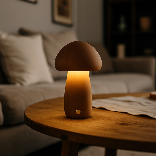 Bezprzewodowa Drewniana Lampa Stołowa | Kształt Grzyba