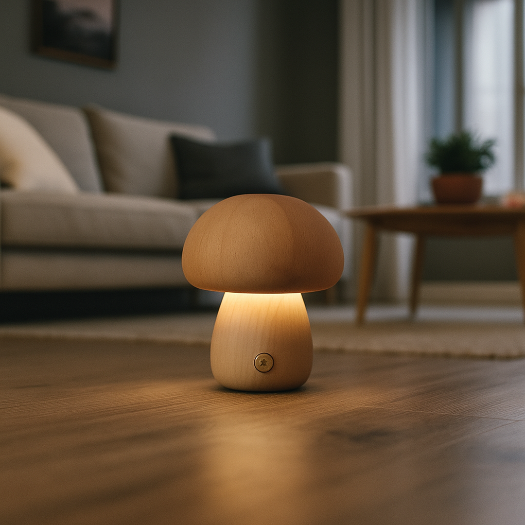 Bezprzewodowa Drewniana Lampa Stołowa | Kształt Grzyba