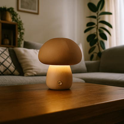 Bezprzewodowa Drewniana Lampa Stołowa | Kształt Grzyba