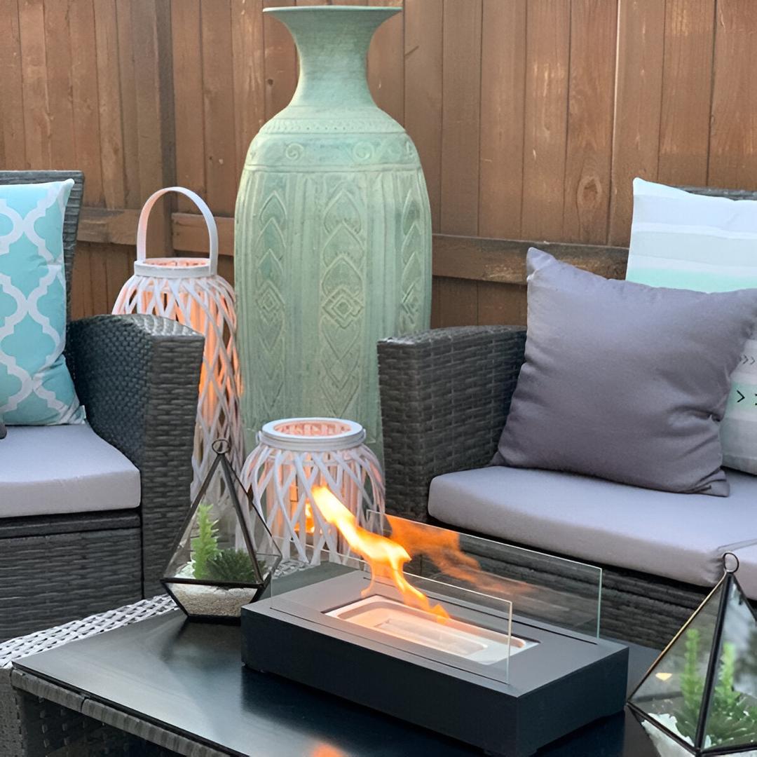 Prostokątny Kominek na Bioetanol | Czarna Stalowa Podstawa