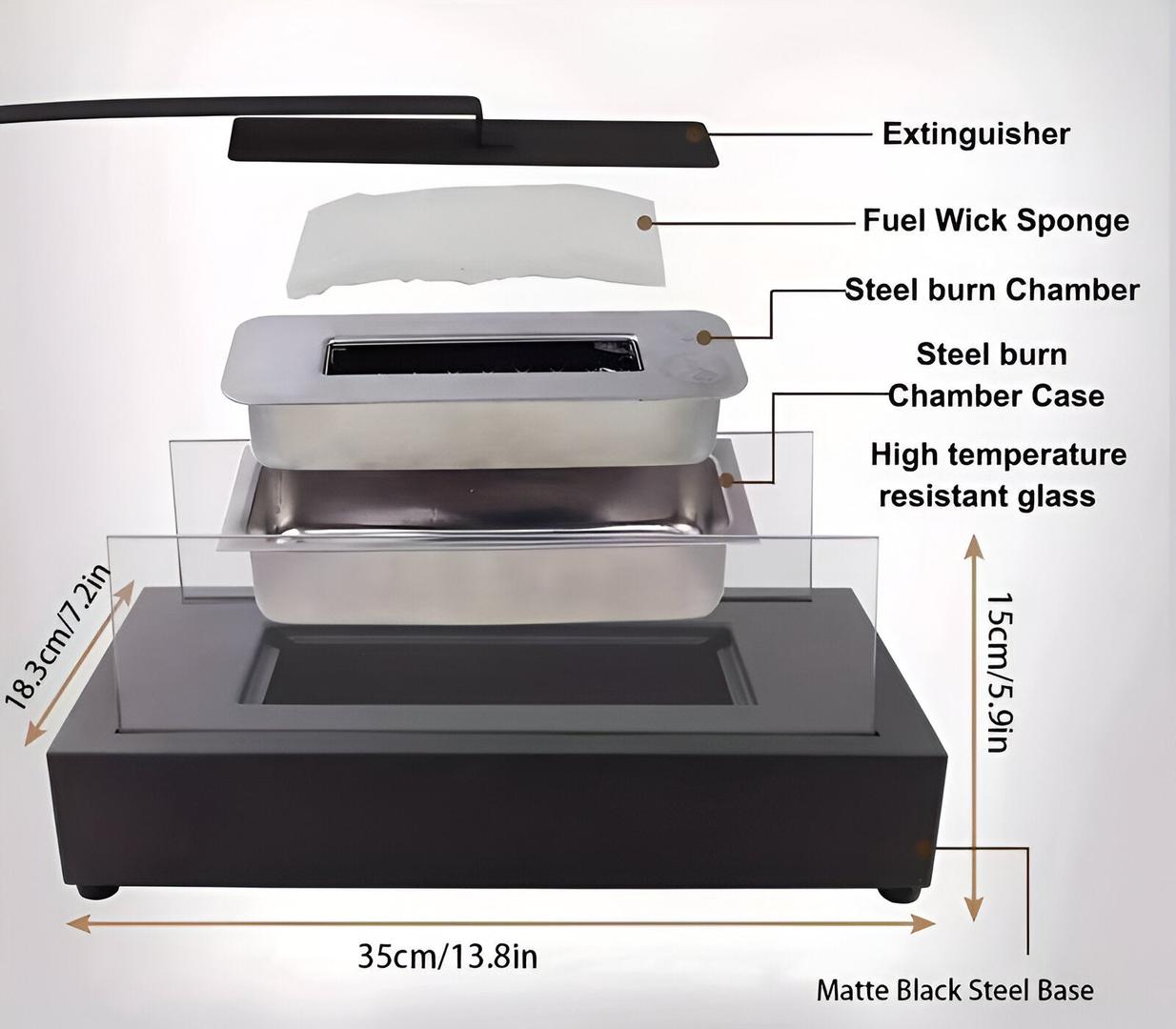Prostokątny Kominek na Bioetanol | Czarna Stalowa Podstawa