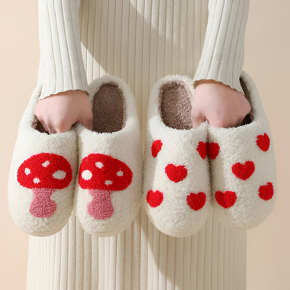 Women's Home Slippers with Heart and Mushroom Pattern