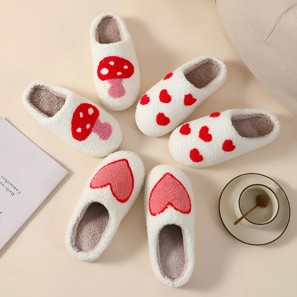 Women's Home Slippers with Heart and Mushroom Pattern