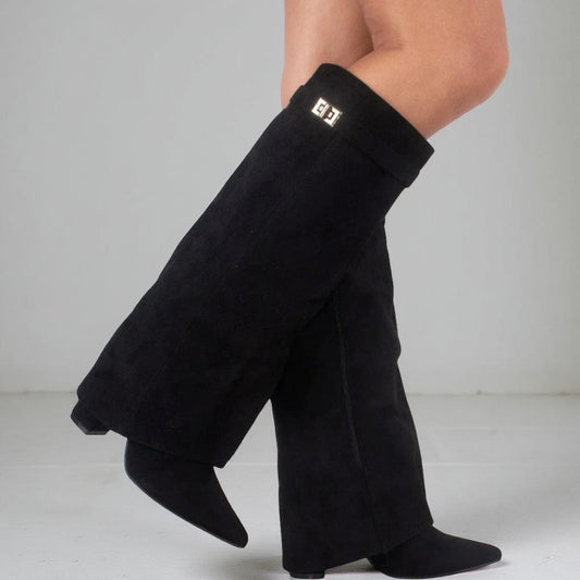 Women's High-Heeled Boots with Tall Shaft and Golden Details