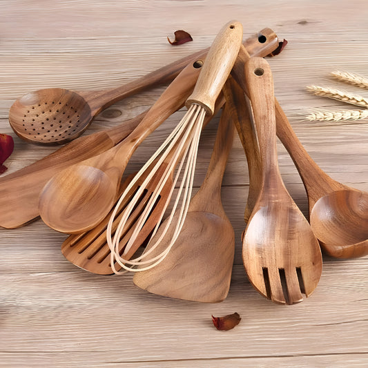 Kuchennych Zestaw Przyborów Drewniany Teak 11 Elementów Stojak