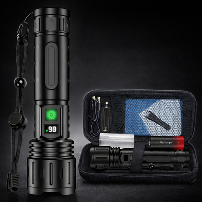 Strong aluminum LED flashlight with zoom, USB rechargeable, tactical