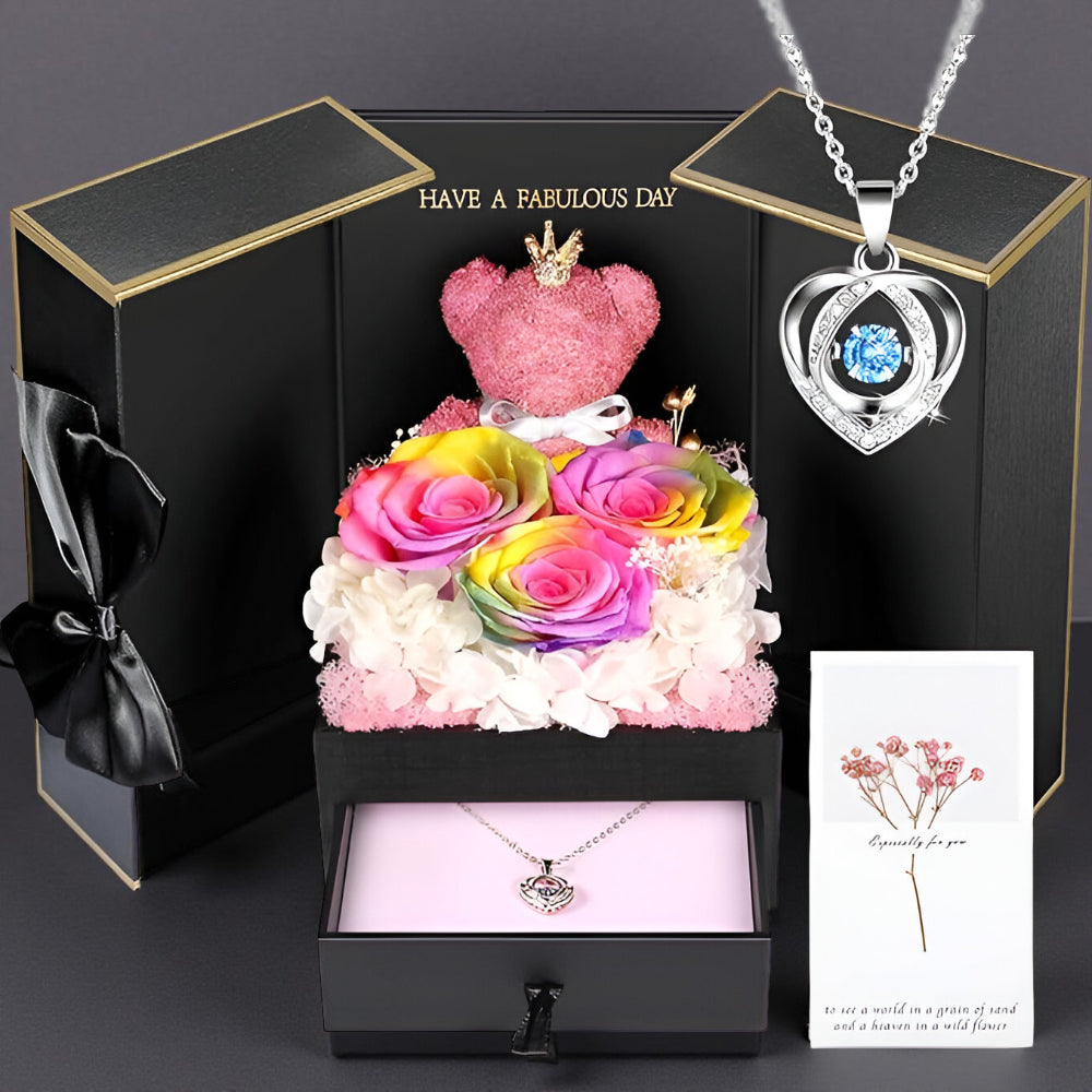 Róże Stabilizowane Zestaw Prezentowy Serce Naszyjnik
