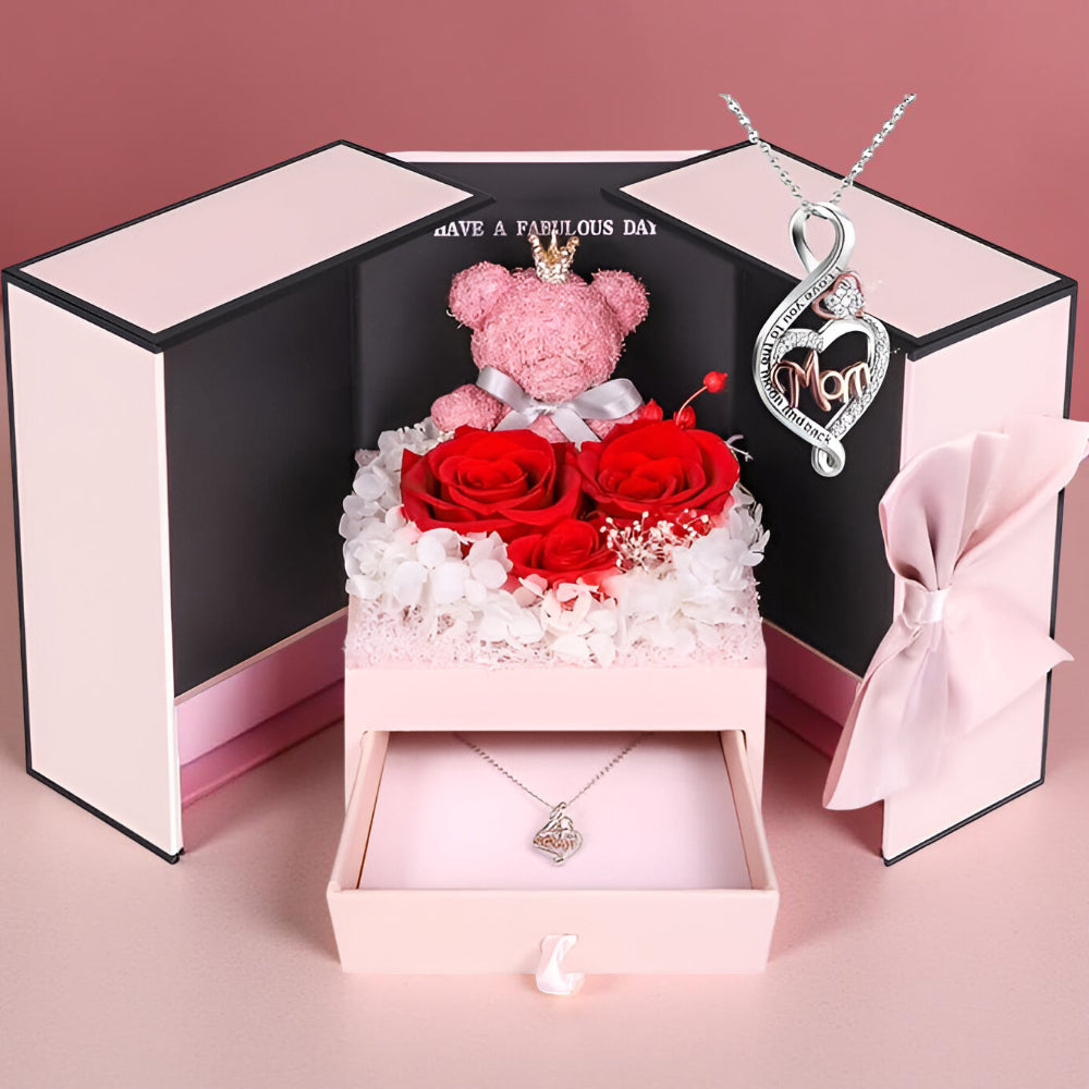 Róże Stabilizowane Zestaw Prezentowy Serce Naszyjnik