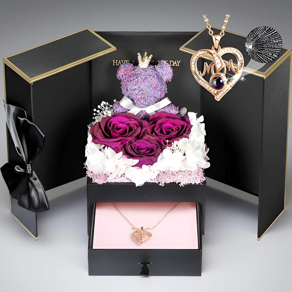 Róże Stabilizowane Zestaw Prezentowy Serce Naszyjnik
