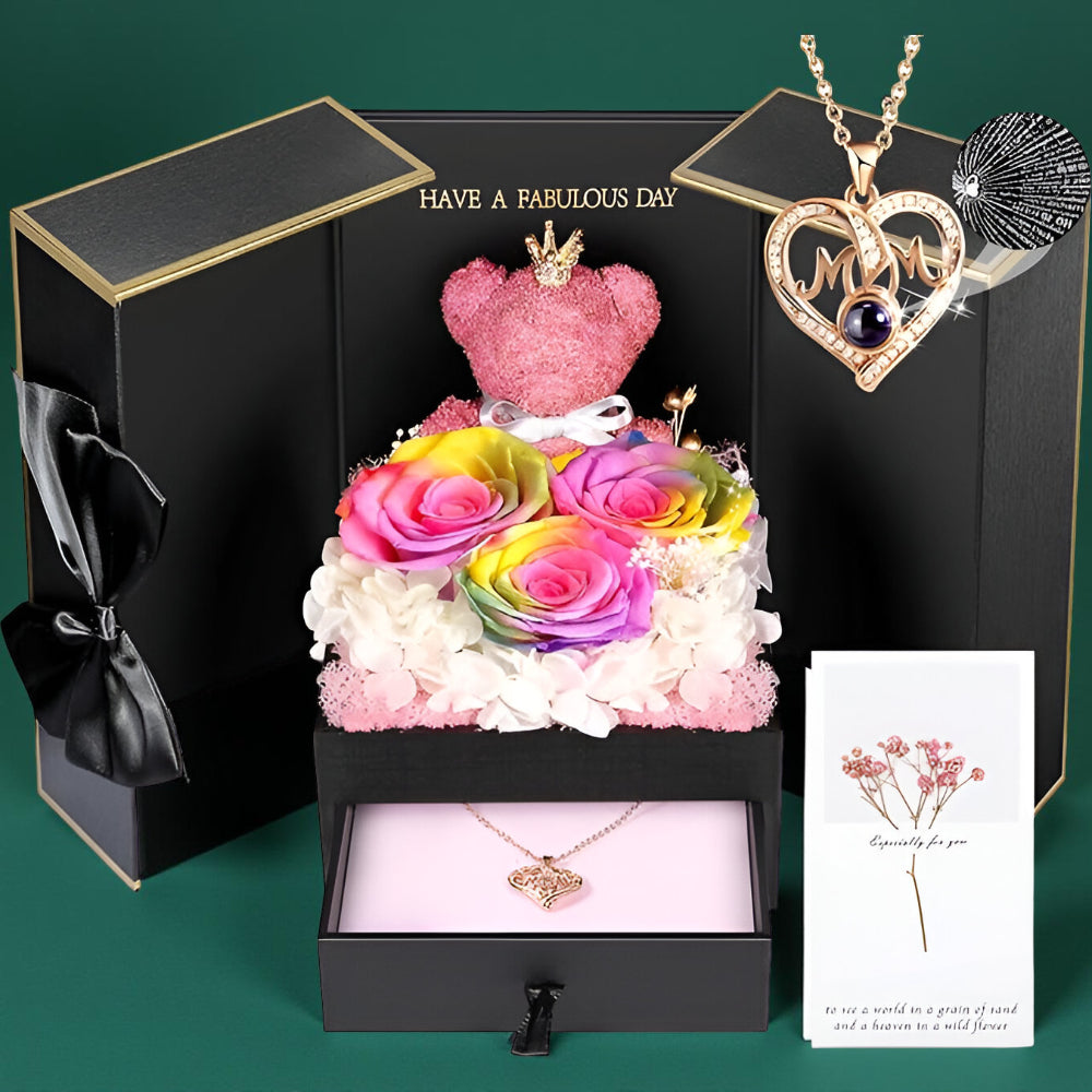 Róże Stabilizowane Zestaw Prezentowy Serce Naszyjnik