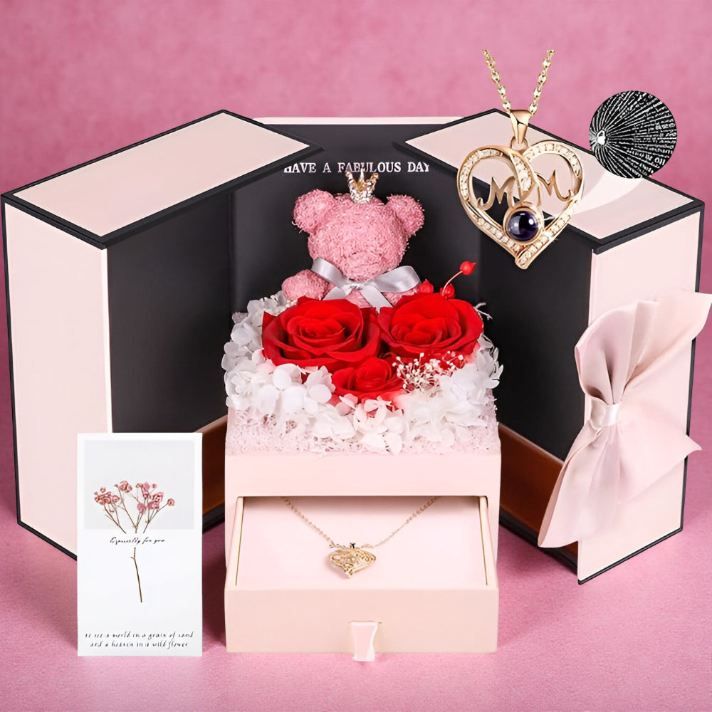 Róże Stabilizowane Zestaw Prezentowy Serce Naszyjnik