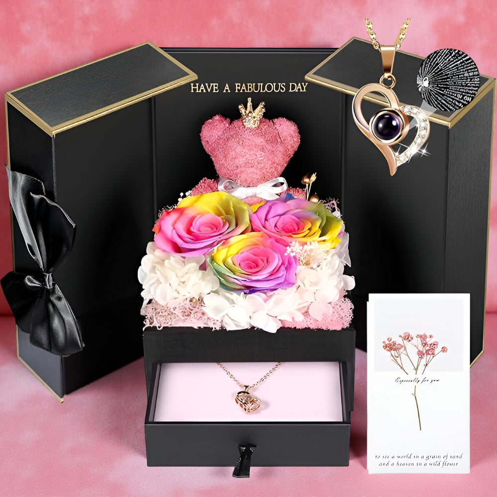 Róże Stabilizowane Zestaw Prezentowy Serce Naszyjnik
