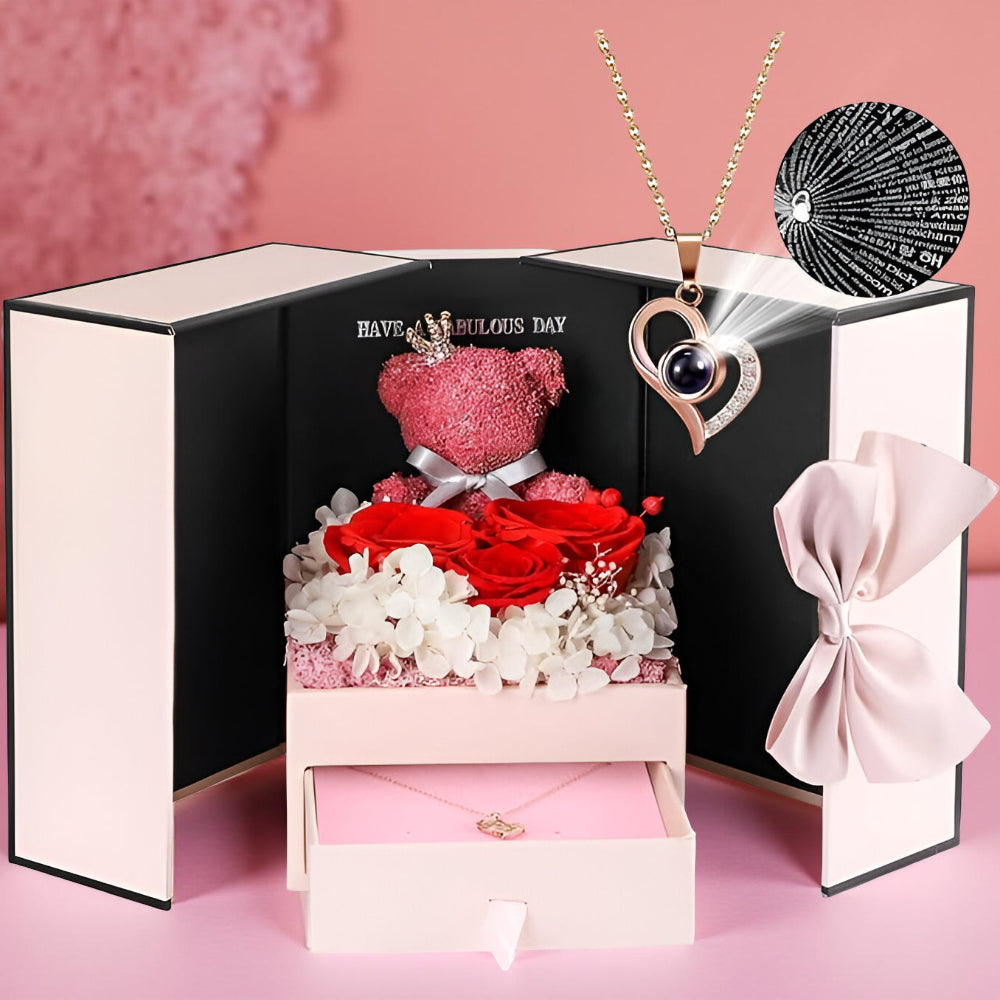 Róże Stabilizowane Zestaw Prezentowy Serce Naszyjnik