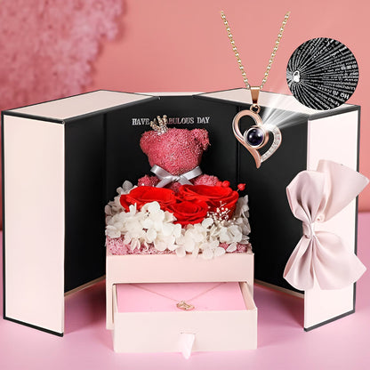 Róże Stabilizowane Zestaw Prezentowy Serce Naszyjnik