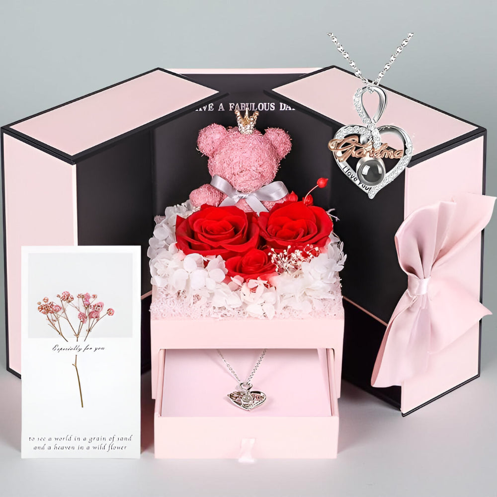 Róże Stabilizowane Zestaw Prezentowy Serce Naszyjnik