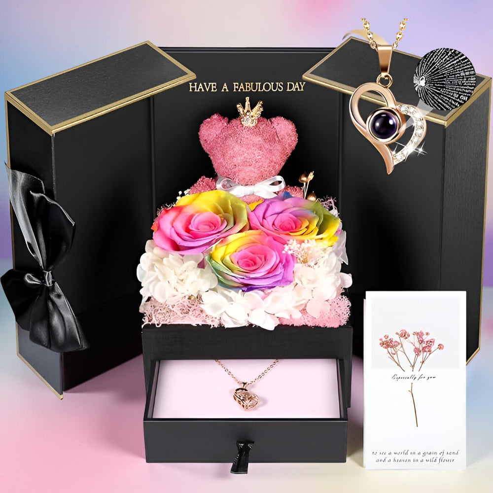 Róże Stabilizowane Zestaw Prezentowy Serce Naszyjnik