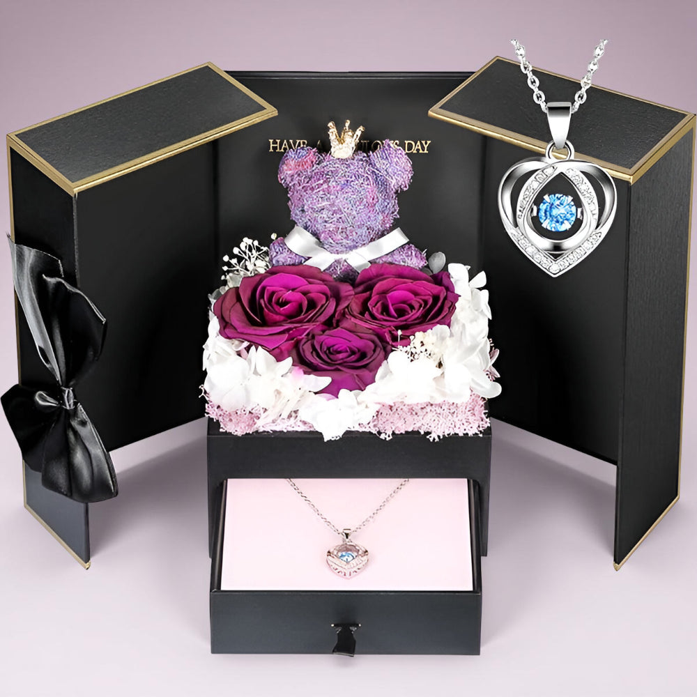 Róże Stabilizowane Zestaw Prezentowy Serce Naszyjnik