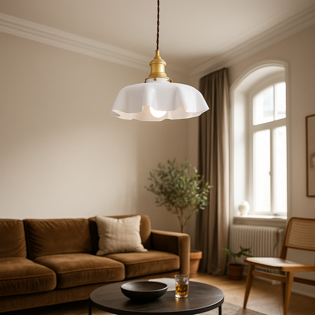 Szklana Lampa Wisząca Retro | Kremowy Kwiatowy Akcent