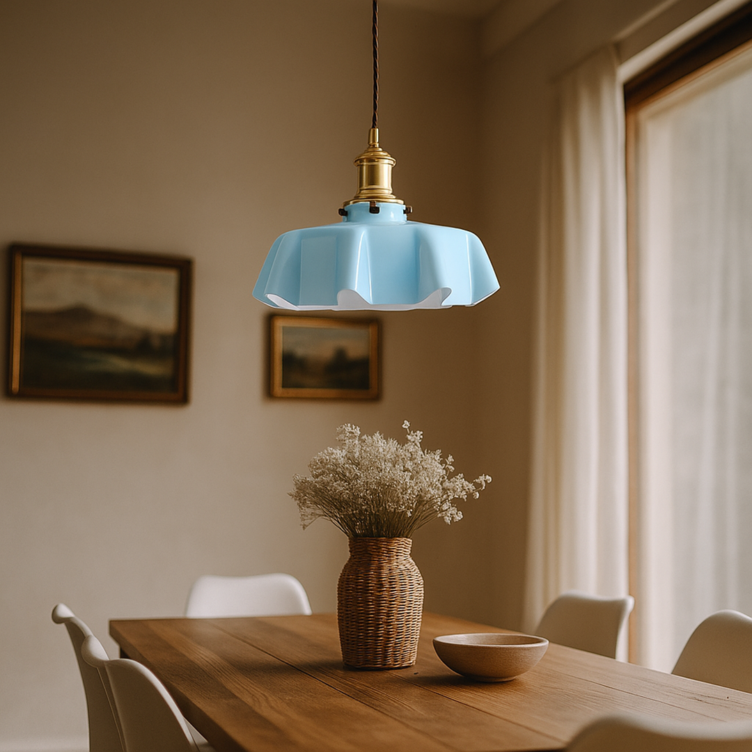 Szklana Lampa Wisząca Retro | Kremowy Kwiatowy Akcent