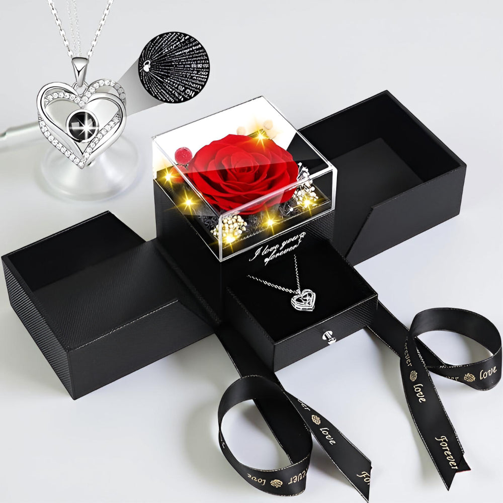 Walentynkowy Prezent Róża Stabilizowana LED Naszyjnik Serce