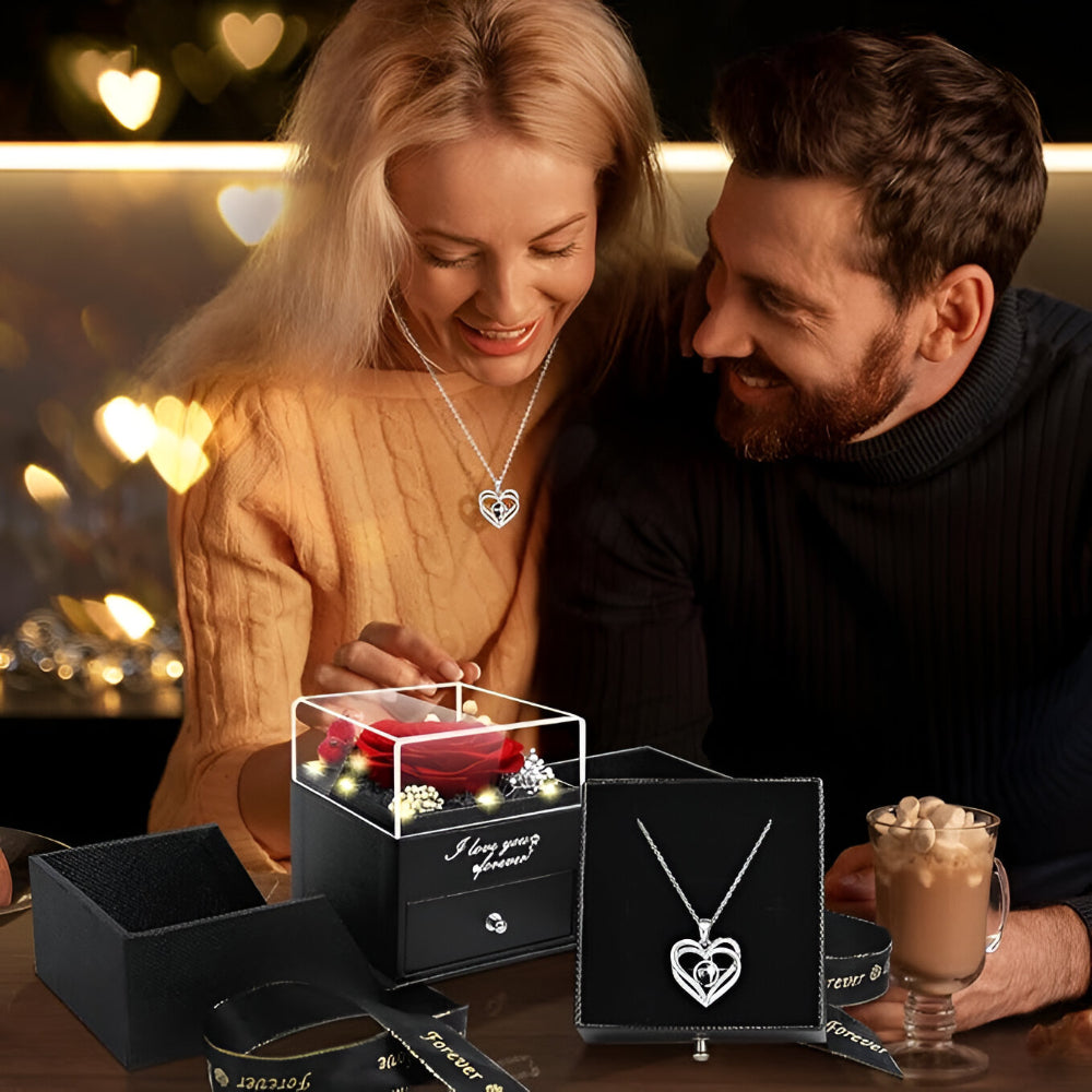 Walentynkowy Prezent Róża Stabilizowana LED Naszyjnik Serce