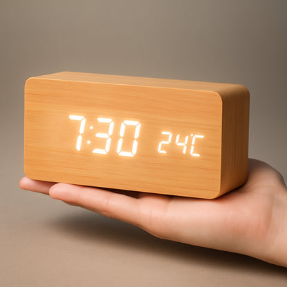 Wooden Digital LED Clock Modern Display Alarm