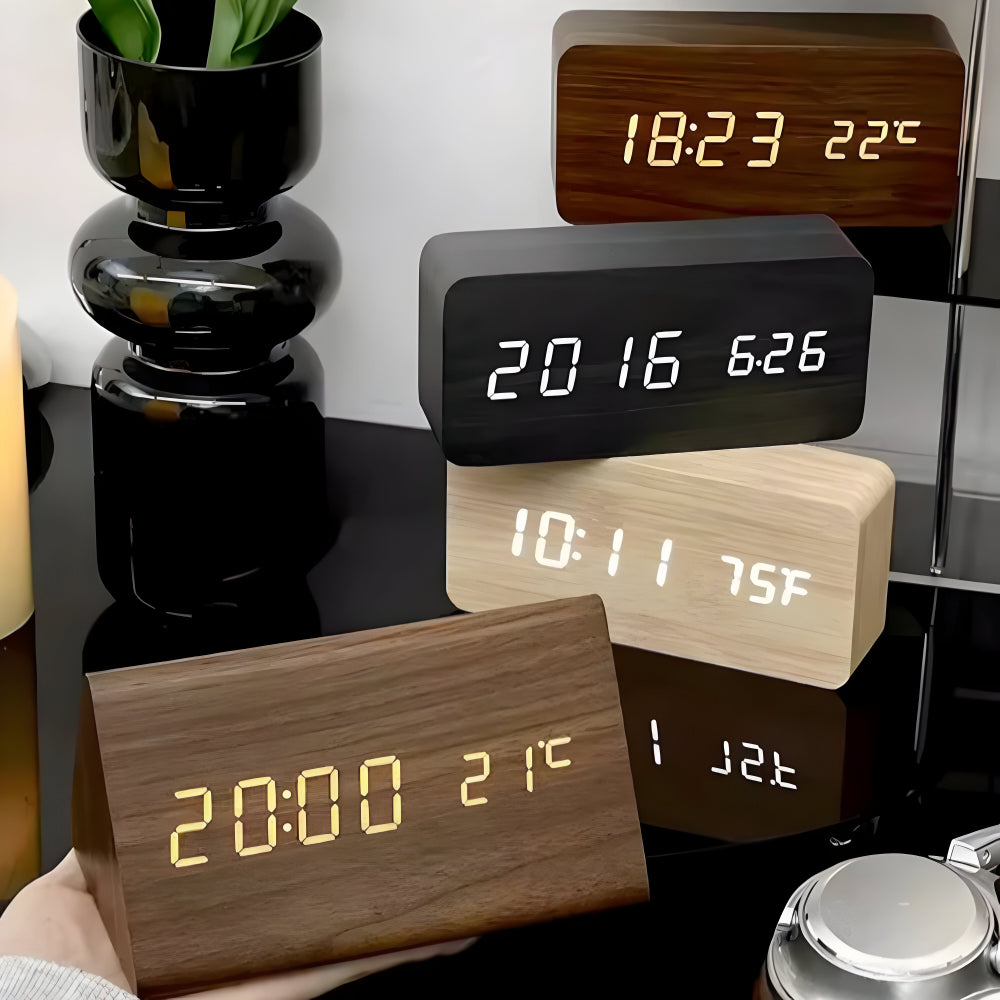 Wooden Table Clock LED Voice Control