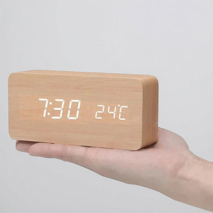Wooden Table Clock LED Voice Control
