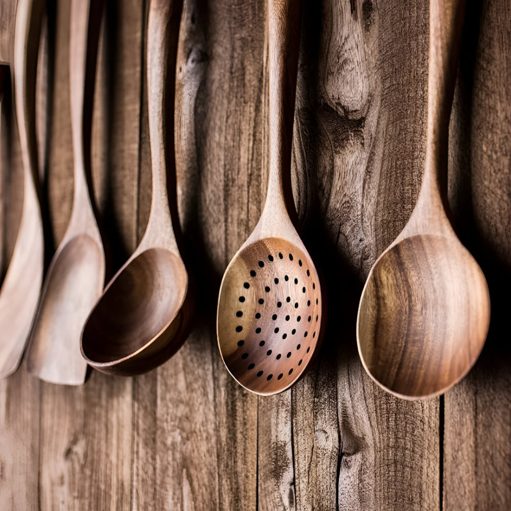 Set of Kitchen Utensils Wooden Walnut Cooking Healthy