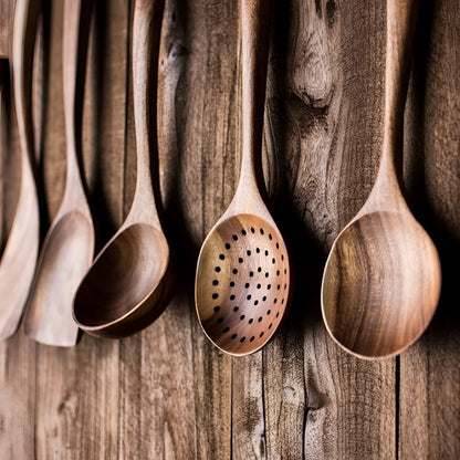 Set of Kitchen Utensils Wooden Walnut Cooking Healthy