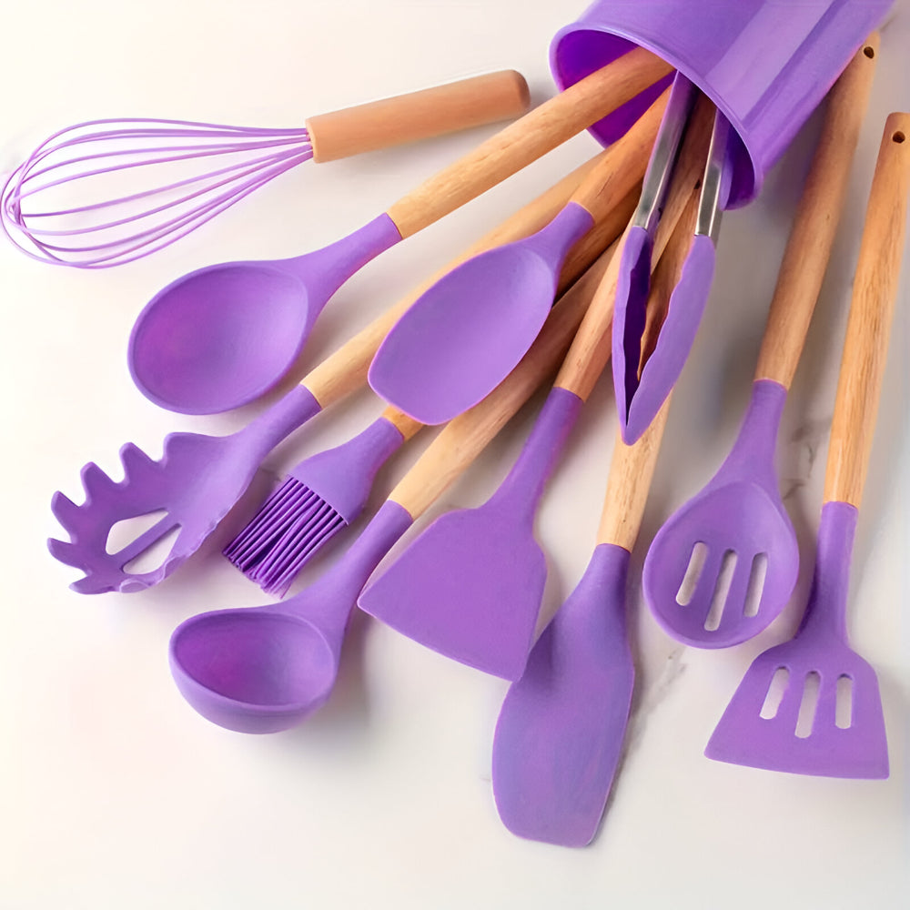 Complete Set of Kitchen Utensils Full Set Flexible Handles Wooden