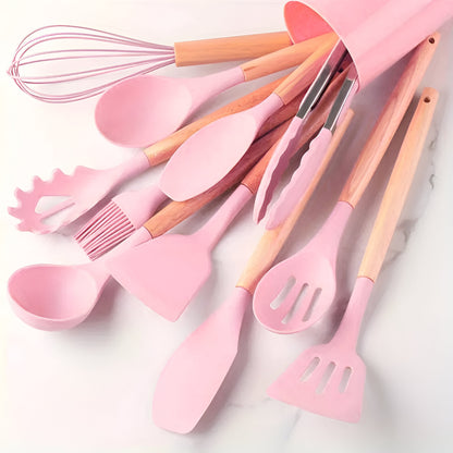 Complete Set of Kitchen Utensils Full Set Flexible Handles Wooden