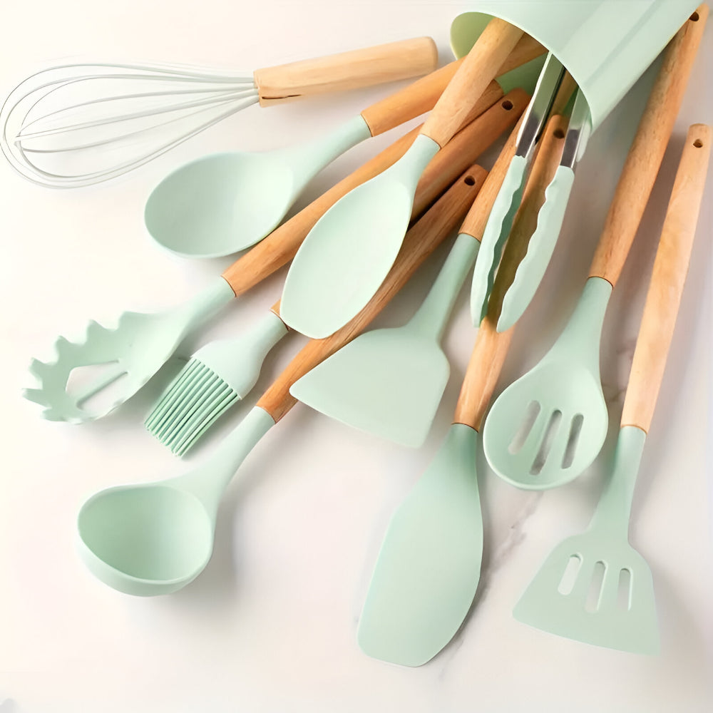 Complete Set of Kitchen Utensils Full Set Flexible Handles Wooden