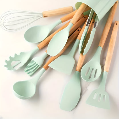 Complete Set of Kitchen Utensils Full Set Flexible Handles Wooden