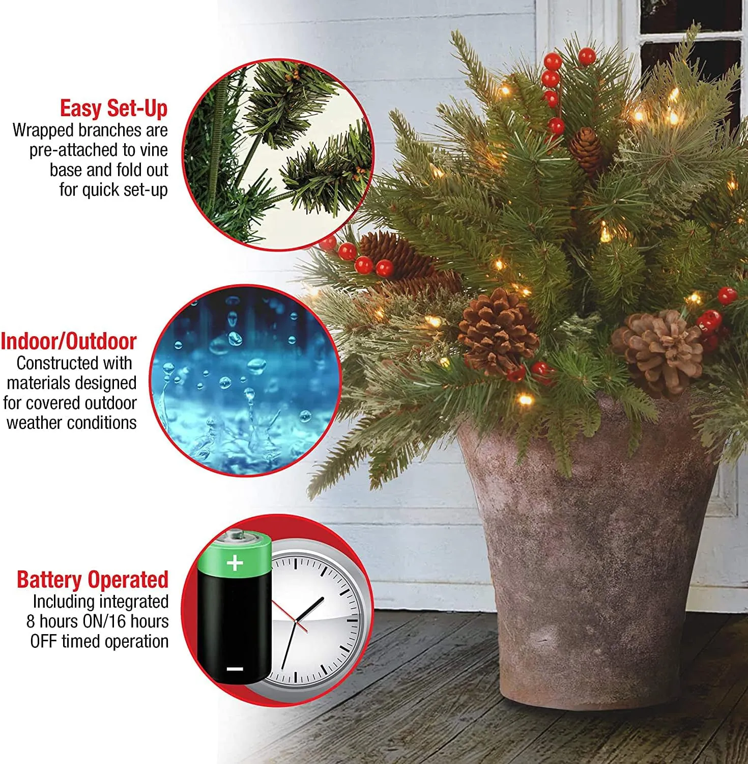 Pre-Lit LED Evergreen Holiday Urn Filler Festive Decor - Image 7